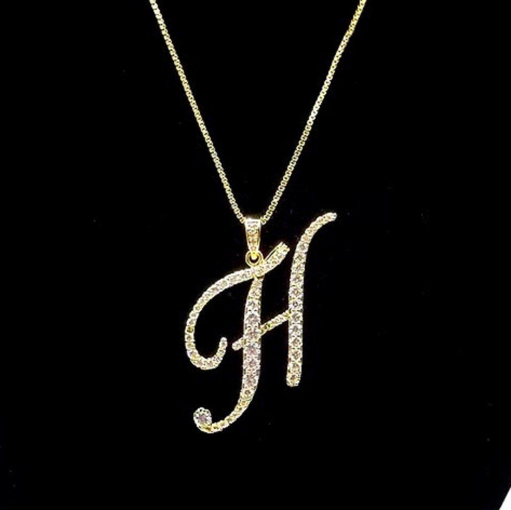 Gold H CZ Monogram Pendant Chain Necklace Rhinestone Crystal Initial Charm Cute